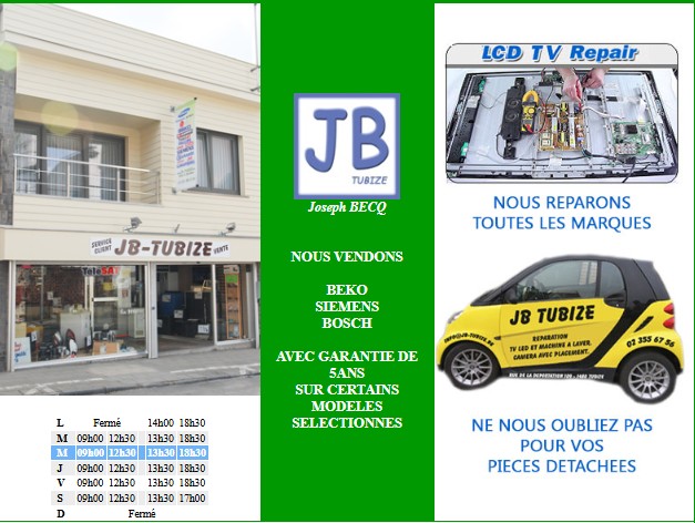 Vitrine du magasin JB Tubize, logo JB et sélection de pièces détachées pour électroménager